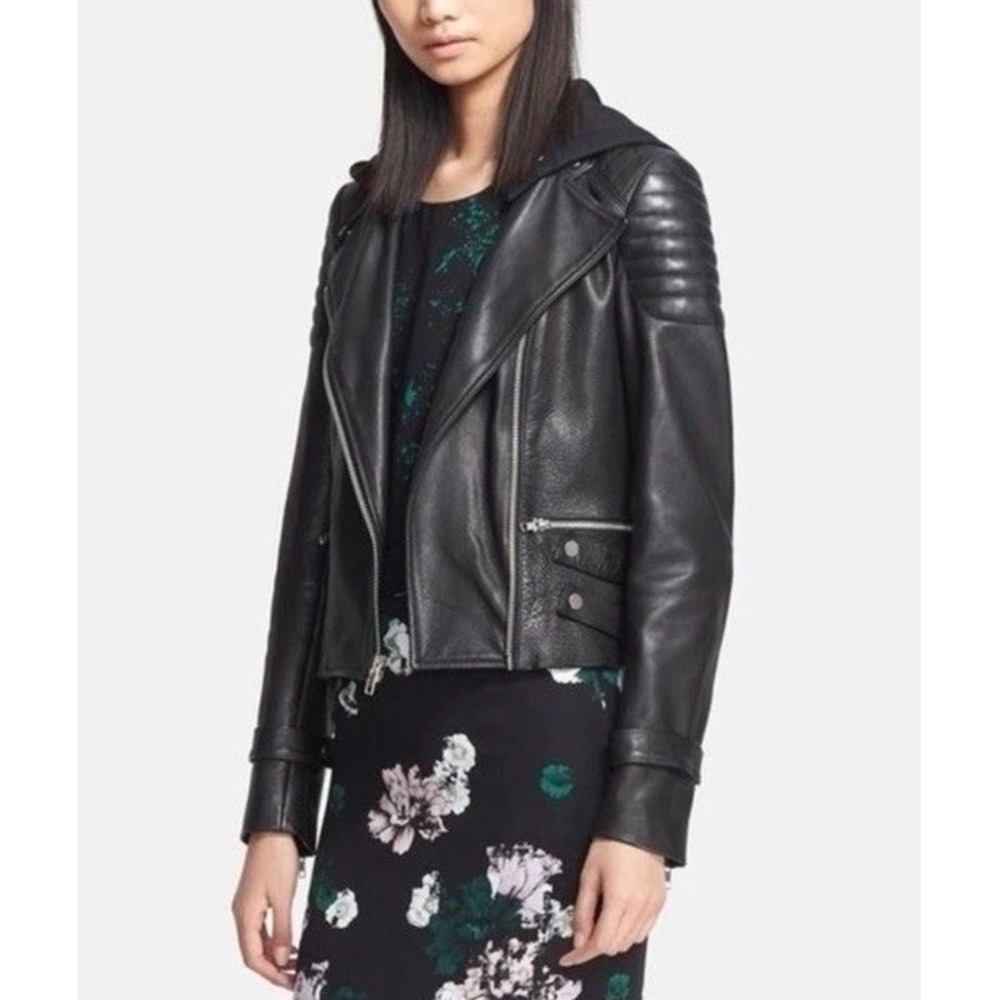 A.L.C. Women's 100% Lamb Leather Biker Jacket removable hood Size 12 Chest 37"